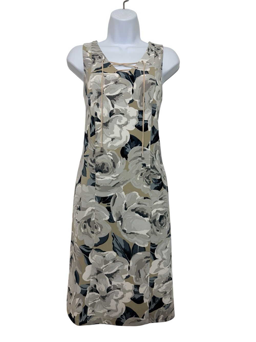 ILE New York Floral Sleeveless Shift Dress Lace-Up Neck Beige Gray Sz8
